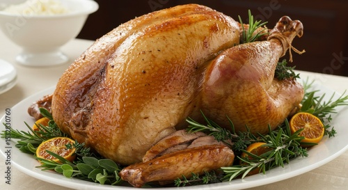 Roasted Thanksgiving turkey, garnished with fresh herbs and citrus