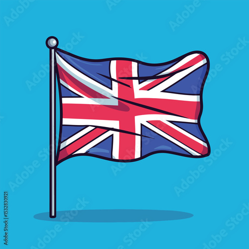 Cartoon Union Jack Flag Waving on a Pole with Blue Background