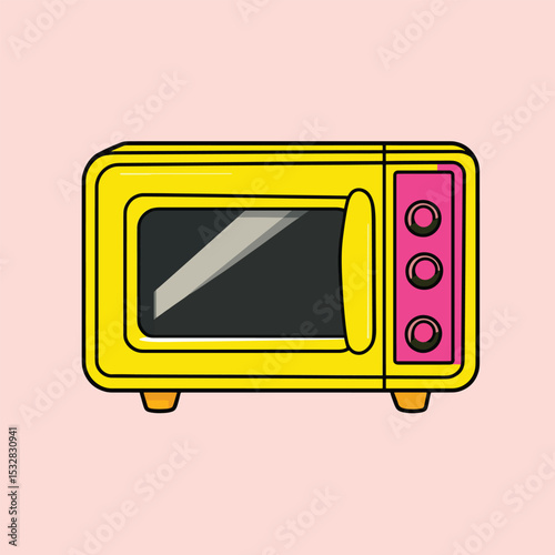 Cartoon Yellow Microwave Oven with Pink Panel and Three Circular Buttons
