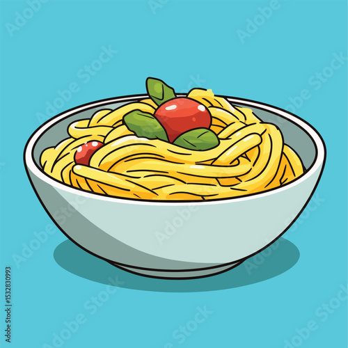 Cartoonish Bowl of Spaghetti with Tomato Sauce and Basil Leaves Topping