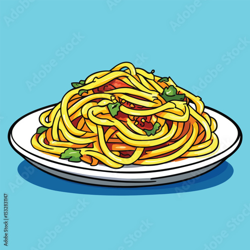 Cartoonish Plate of Spaghetti with Tomato Sauce and Green Herbs