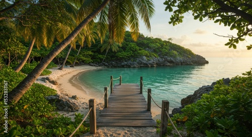 Tropical beach at dawn with wooden pier