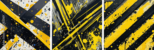 High-Contrast Warning Design bold, diagonal pattern of black and dripping, splattered, yellow paint, creating a texture of distressed warning stripes; vibrant, vector background.