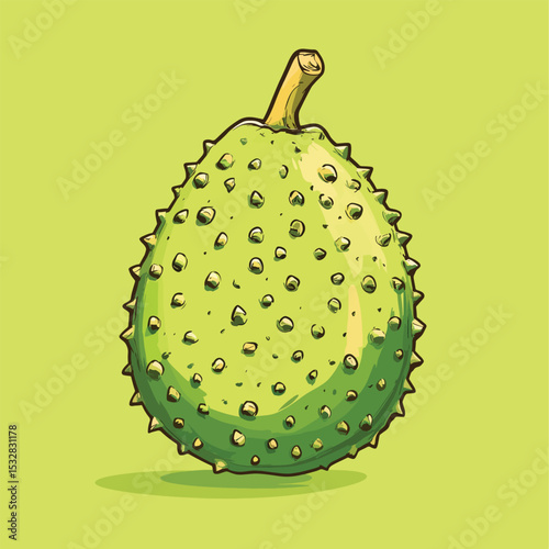 Cartoonish Soursop Fruit with Spikes and Stem Greenish Illustration