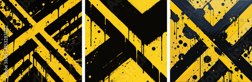 Urban Decay Texture bold, diagonal pattern of black and dripping, splattered, yellow paint, creating a texture of distressed warning stripes; vibrant, vector background.