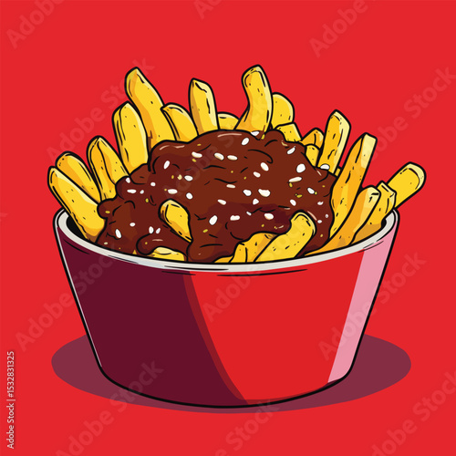 Cartoonstyle poutine in a red bowl with thick gravy and cheese curds