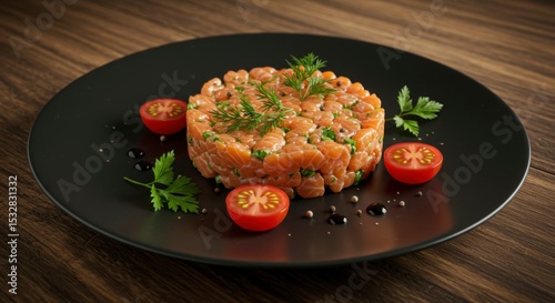 Salmon tartare elegantly plated with cherry tomatoes, fresh herbs, and a balsamic glaze, served on a black plate