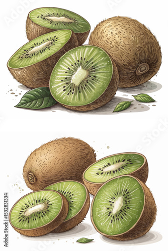A universal set of vector illustrations of kiwi in different forms: whole fruit, sliced slices, cross-section with detailed seeds