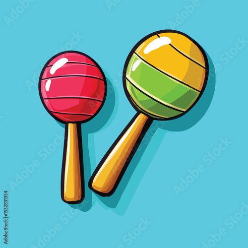 Cartoonstyle red and yellow maracas with thick black outlines and bright colors