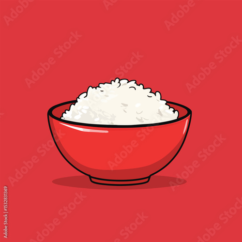 Cartoonstyle red bowl filled with fluffy white rice simple food illustration
