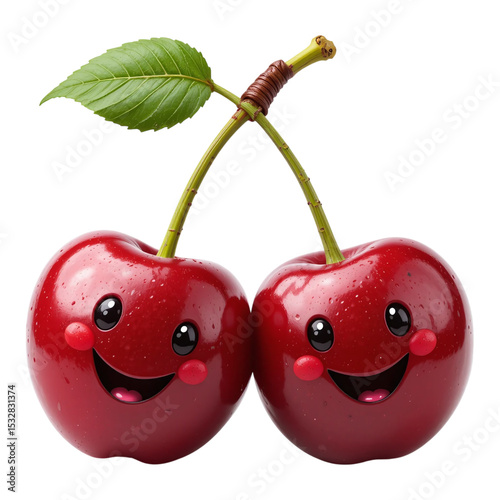 Cute glossy twin cherries with smiling cartoon faces and green stem isolated on transparent background