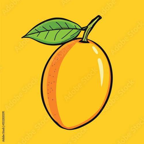 Cartoonstyle ripe mango with a single green leaf and visible stem