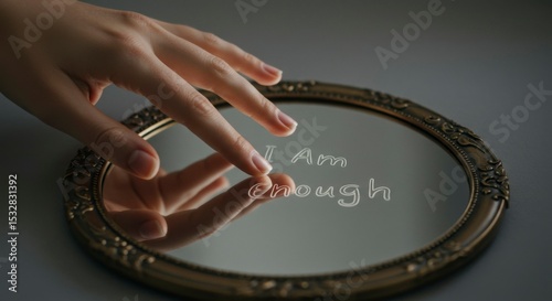 A hand gently touches a circular mirror, reflecting the words 
