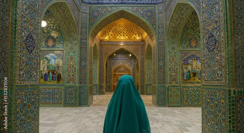 Woman in green hijab inside ornate mosque
