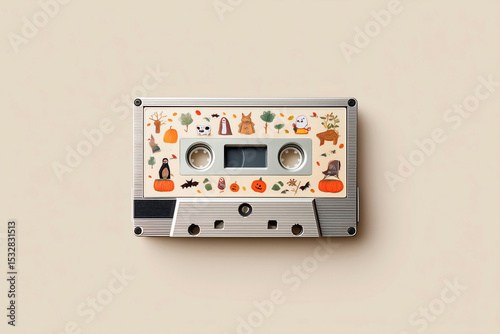 Retro audio cassette decorated with cute Halloween and autumn-themed illustrations on beige background