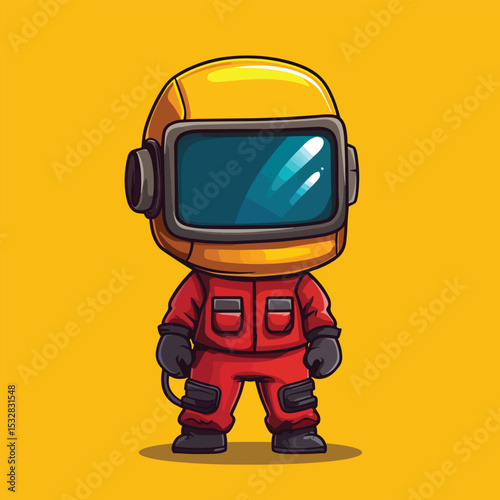 Cheerful Cartoon Astronaut in Red Suit and Yellow Helmet