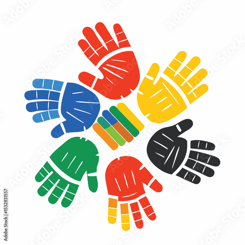 Colorful hand prints arranged in a circular formation depicting teamwork and diversity