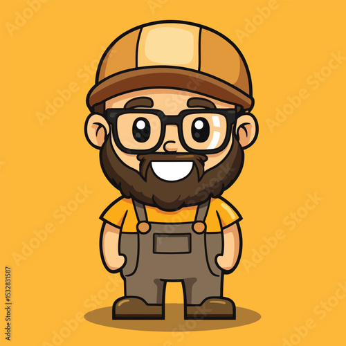 Cheerful Cartoon Bearded Man in Overalls and Cap