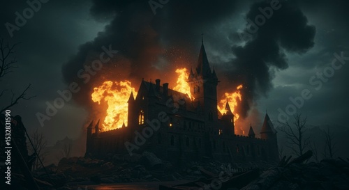 Burning gothic castle at night