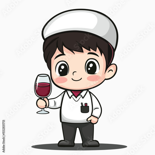 Cheerful Cartoon Boy Sommelier Holding Red Wine Glass