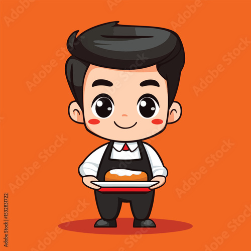 Cheerful Cartoon Boy Waiter Serving Sweet Pastry