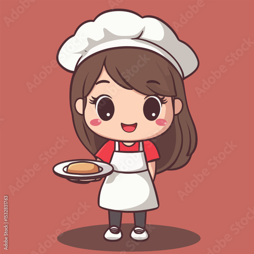 Cheerful Cartoon Chef Girl Presenting Baked Bread