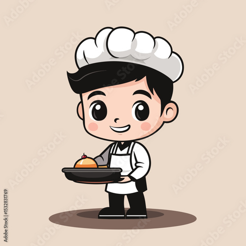 Cheerful Cartoon Chef Boy Presenting Dome Dessert