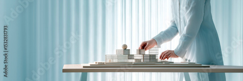 Architect arranging modern building model with geometric shapes on wooden table in minimalist interior