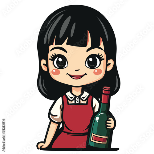 Cheerful Cartoon Girl Sommelier Holding Wine Bottle