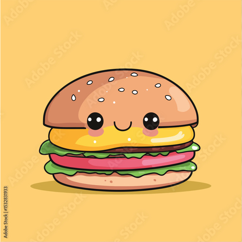 Cheerful Cartoon Hamburger with Sesame Seed Bun