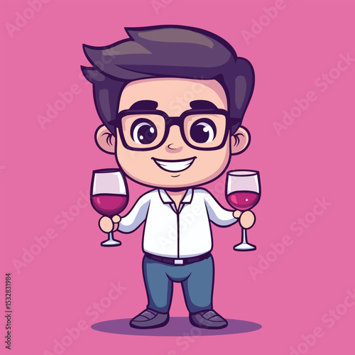 Cheerful Cartoon Man in Glasses Holding Two Wine Glasses