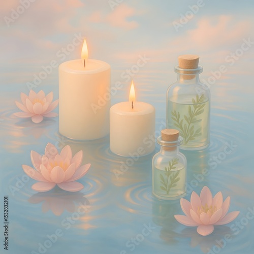 Floating Spa Candles and Herbal Bottles on Tranquil Water with Pink Lotus Flowers and Soft Reflections – Relaxation and Wellness Concept with Pastel Dreamy Lighting