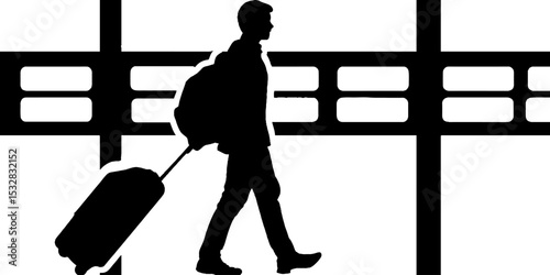 Silhouette of traveler with luggage in airport terminal for travel themes and designs