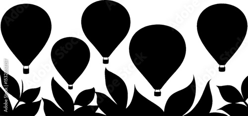 Air balloons silhouette with leaf border in high contrast black design