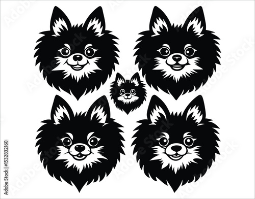 Pomeranian Dog Head Clipart – Black Silhouette Pack