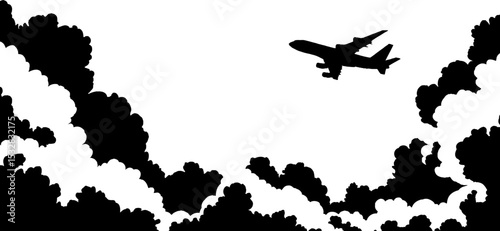 Airplane silhouette against cloudy sky border with high contrast design