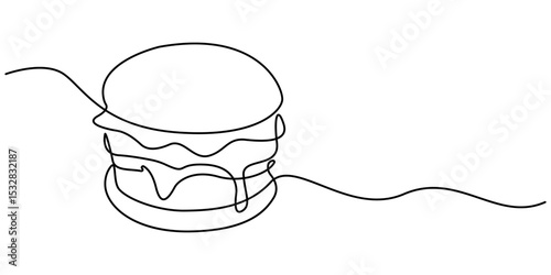 Continuous one line drawing of burger. Fast food hamburger made of one continuous line, vector. One line drawing illustration of hamburger. Junk food, fast food concept single line. Editable stroke 