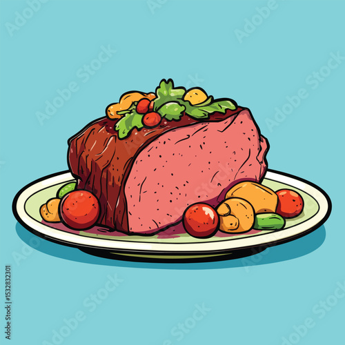 Colorful Cartoon Illustration of a Roasted Tenderloin with Garnishes