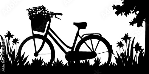 Tandem bicycle with flower basket in park landscape silhouette design
