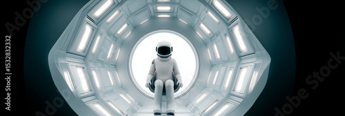 Futuristic astronaut floating inside a high-tech space station with bright lights and symmetrical architecture