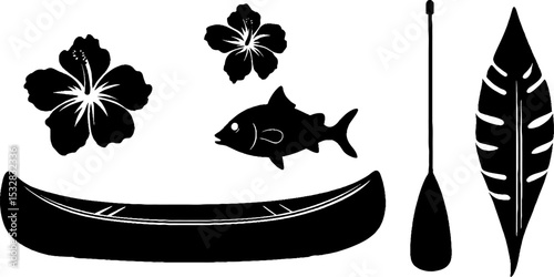 Tropical canoe adventure with fishing rod and paddle - nature and recreation elements