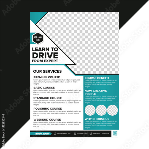Drive safely promotion flyer featuring instructor courses and license pricing in a fully editable layout for professional driving academies