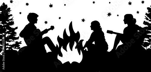 Evening beach bonfire with friends playing guitar under starry sky
