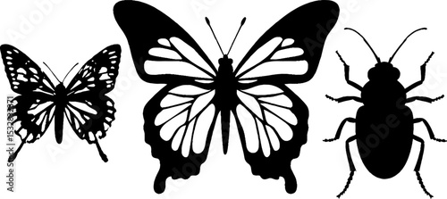 Silhouette insects featuring butterfly, dragonfly, beetle, and ant design for nature themes
