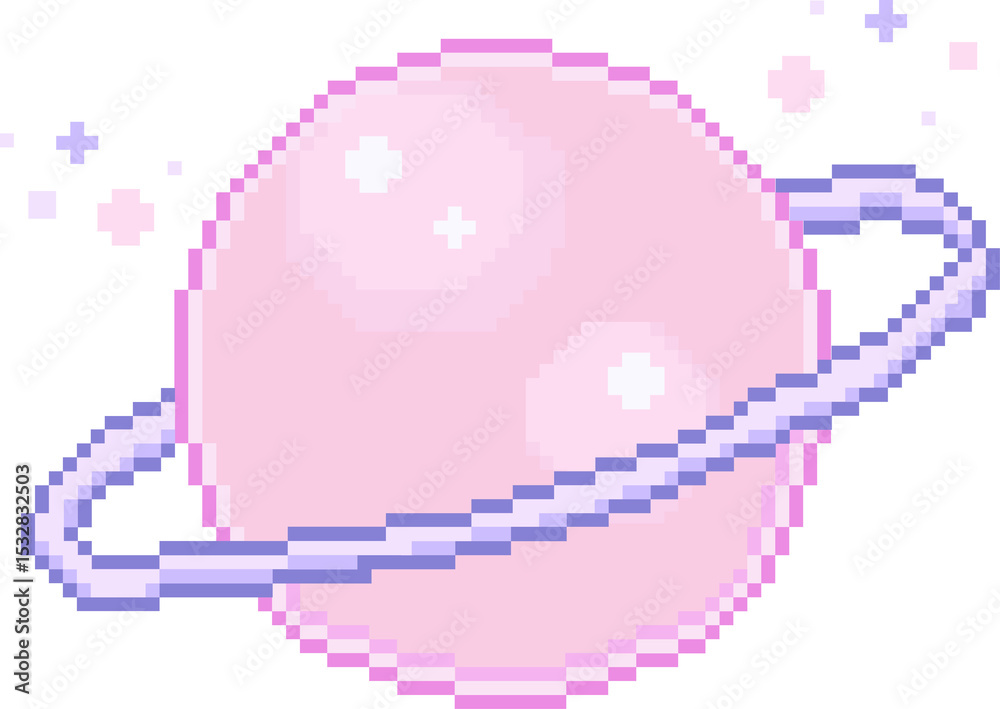 Fototapeta premium 8-bit art is showing pink planet with tilted lavender ring plus pixel stars, transparent background