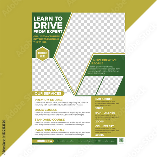 Driving school advertisement flyer for courses, expert coaching, and car license services—modern and print-ready vector design for promotion