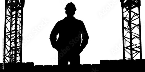 Construction worker silhouette with towering crane in urban construction scene