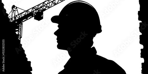 Silhouette of construction worker with towering crane for industrial design