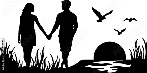 Romantic couple walking hand in hand on the beach at sunset