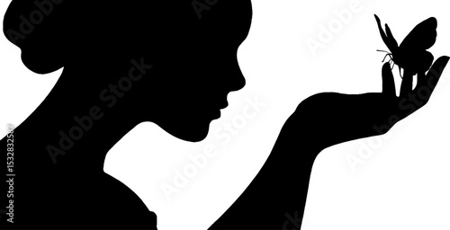 Graceful dancer silhouette holding butterfly with ballet shoes and tutu